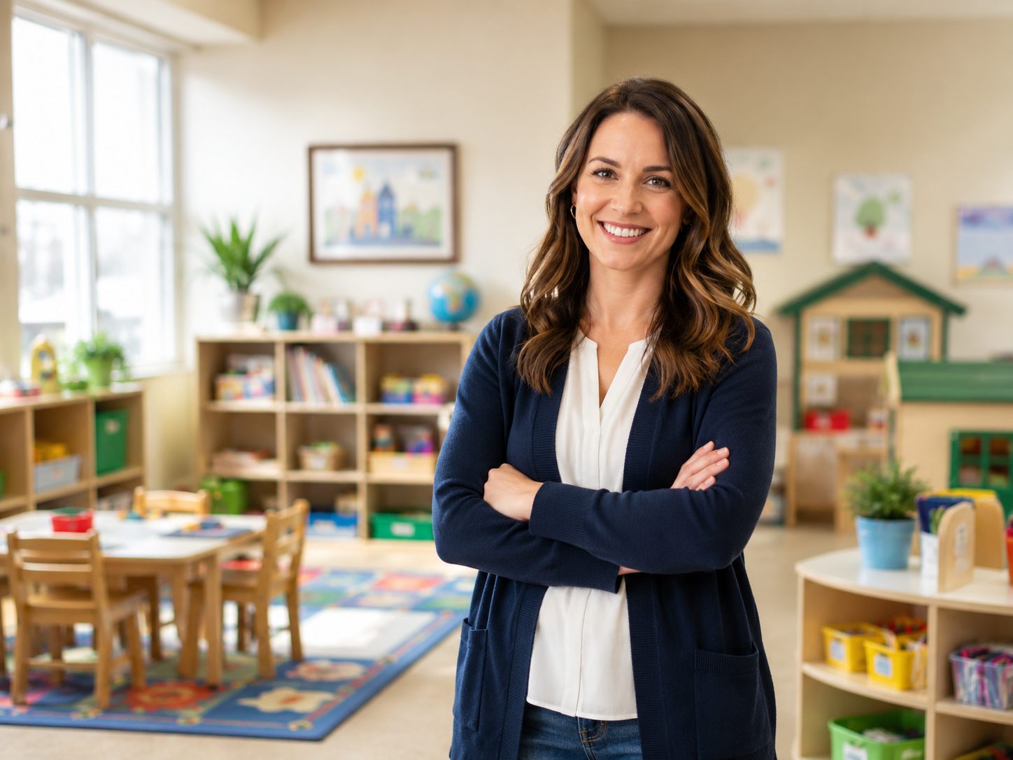 A confident child care provider standing in her classroom.