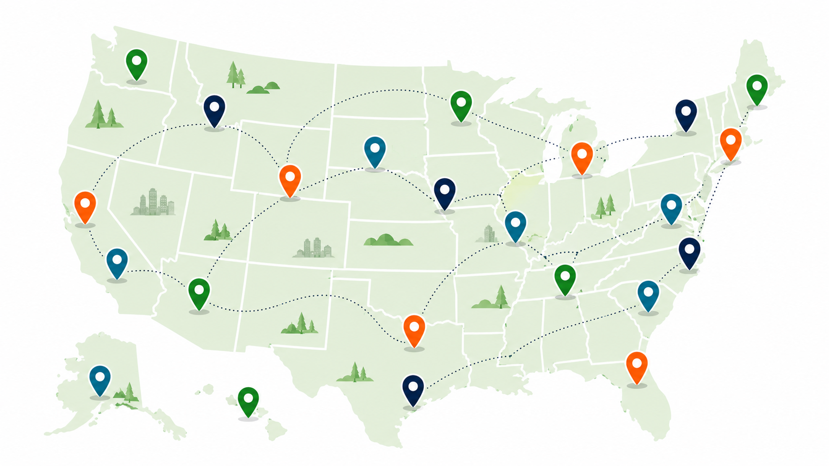 Illustrated map of the United States representing the growing Main Street Child Care conversation.