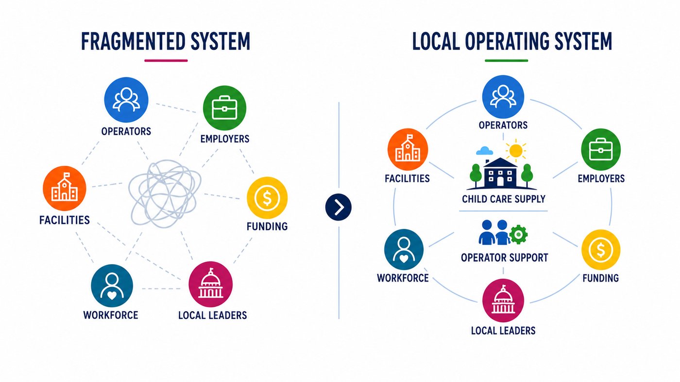 Fragmented system compared to a local operating system for child care supply.