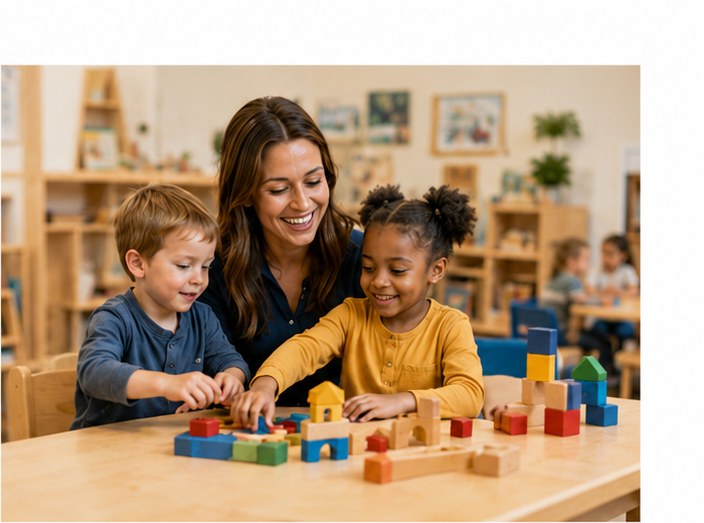A provider playing with children at a classroom table.